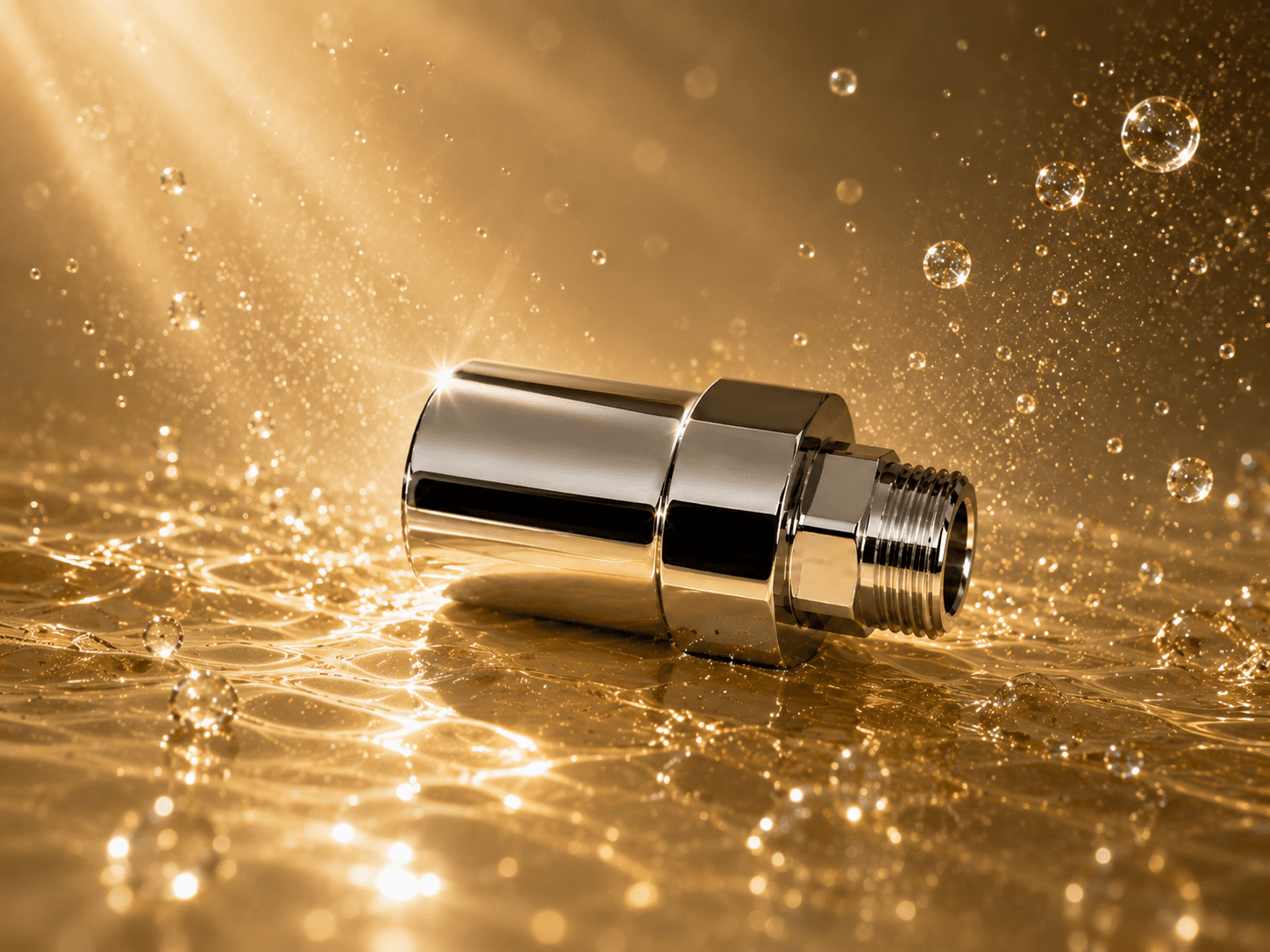 金色の光を浴びるNanoLuxeの水栓と水滴