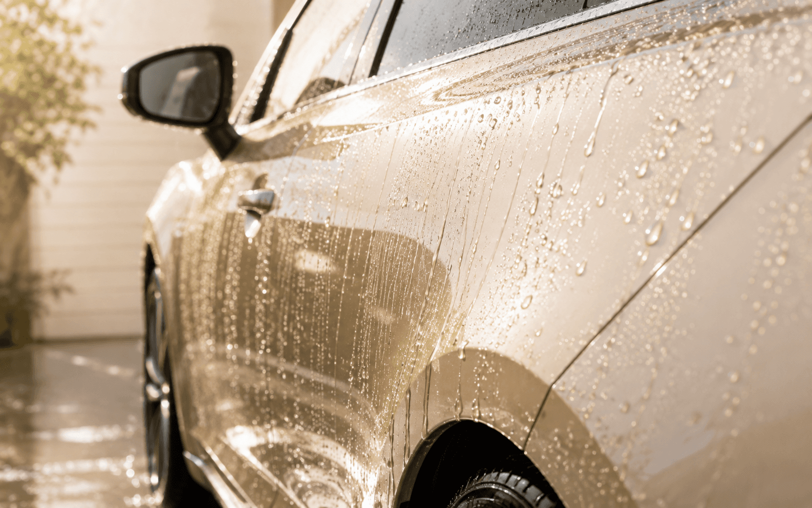 濡れた車のボディに水滴が滴る様子